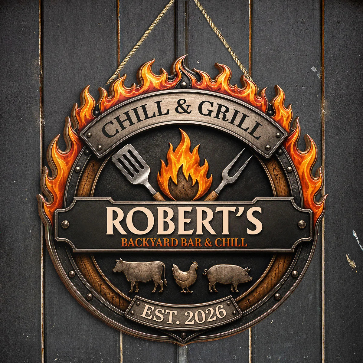 Chill & Grill Backyard Bar Personalized Wood Sign - Custom BBQ Grill Master Gift for Dad