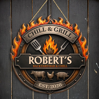 Chill & Grill Backyard Bar Personalized Wood Sign - Custom BBQ Grill Master Gift for Dad