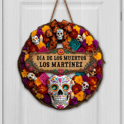 Día De Los Muertos Personalized Wood Sign - Custom Family Sugar Skull Wreath Decor