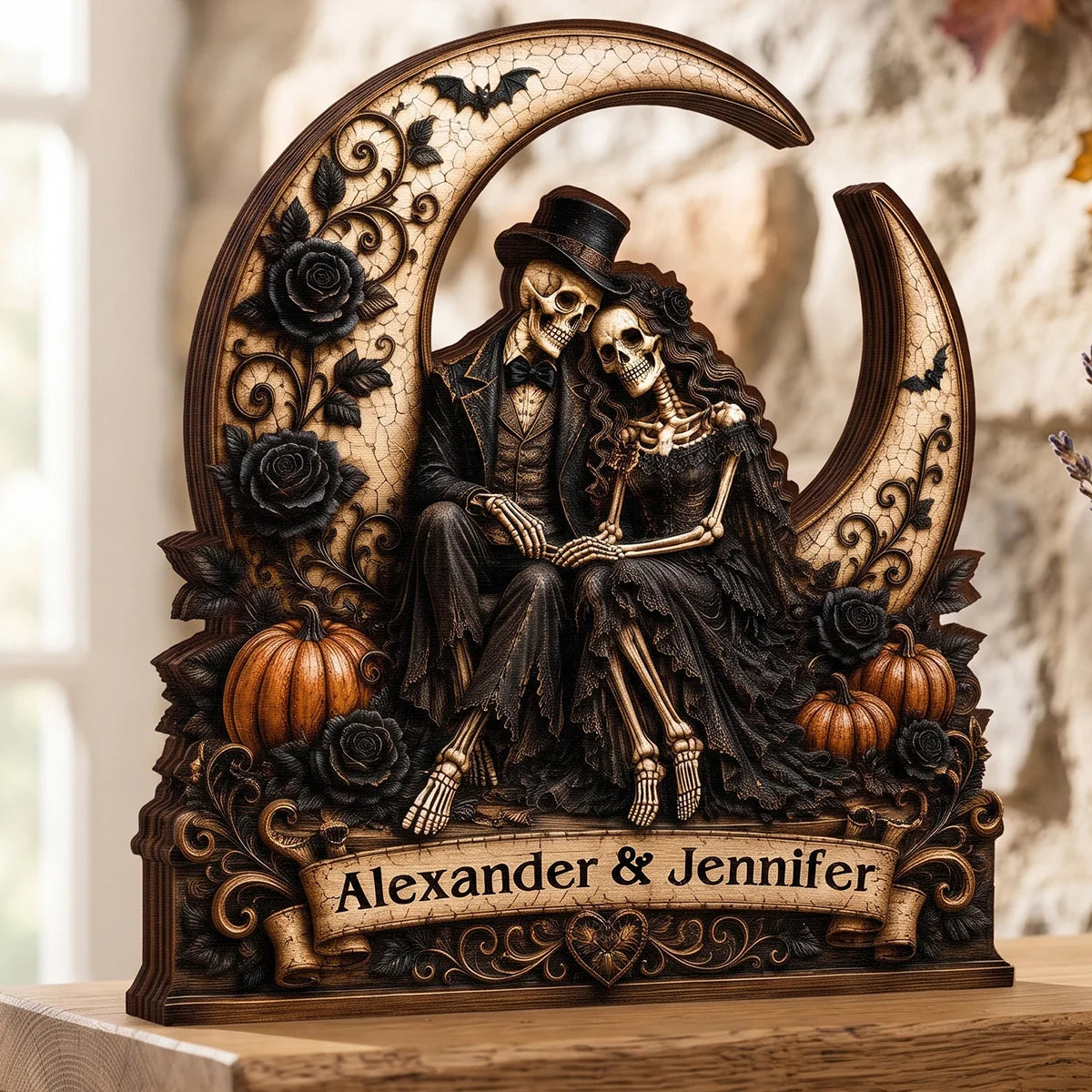 Eternal Skeleton Couple On Moon Personalized Wooden Block - Custom Gothic Halloween Wedding Gift for Couples