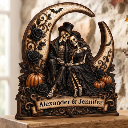 Eternal Skeleton Couple On Moon Personalized Wooden Block - Custom Gothic Halloween Wedding Gift for Couples