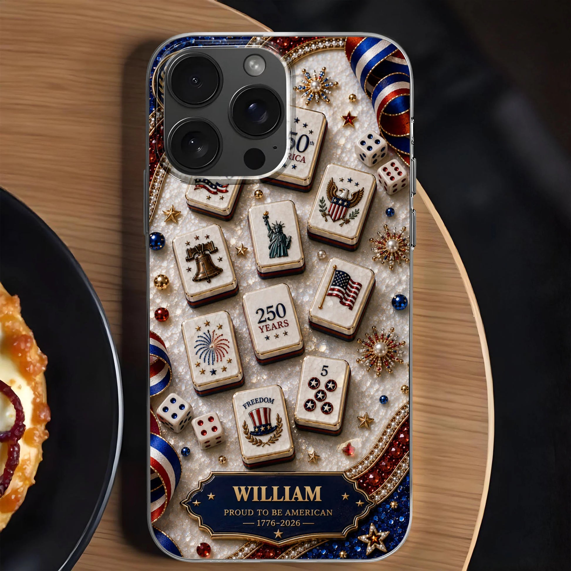 Personalized patriotic clear phone case with 3D mahjong tiles design for USA 250th anniversary gift