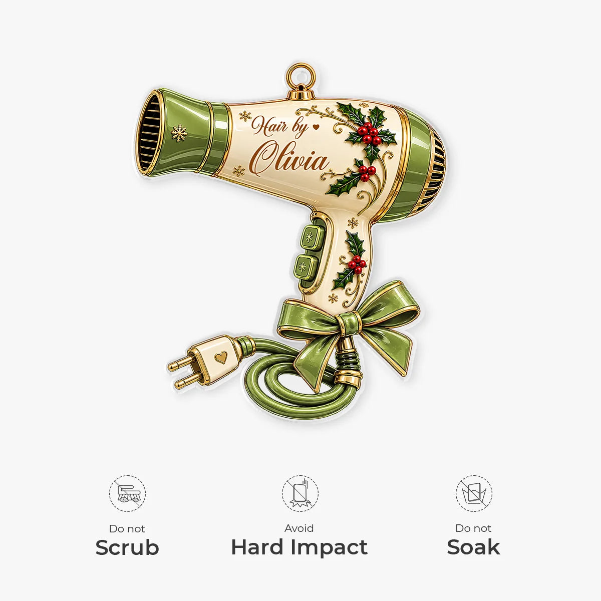 Hair by Custom Name Hair Dryer Acrylic Ornament - Personalized Hair Stylist Gift