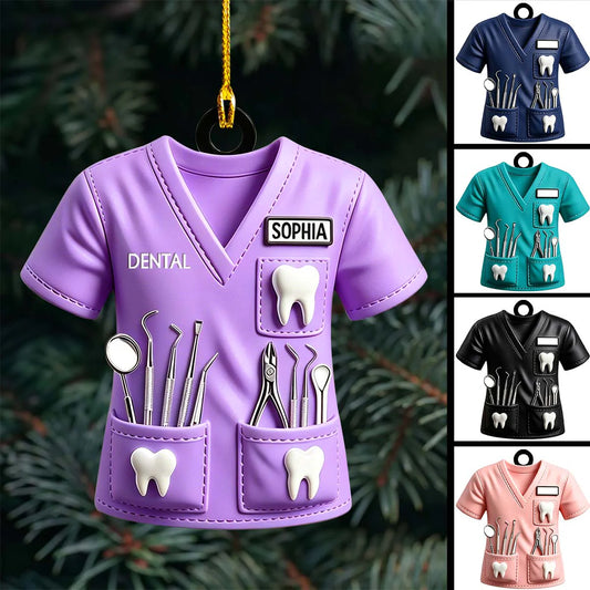 Personalized dentist ornament shaped like a dental scrub uniform with custom name plate