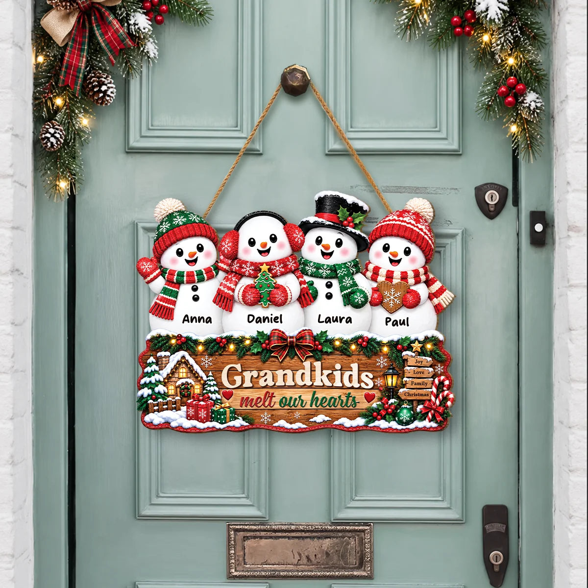"Grandkids Melt Our Hearts" Custom Names Wood Sign - Personalized Christmas Gift for Grandma & Grandpa