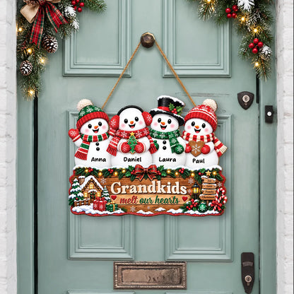 "Grandkids Melt Our Hearts" Custom Names Wood Sign - Personalized Christmas Gift for Grandma & Grandpa
