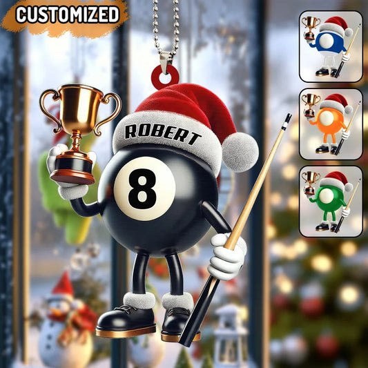 Personalized Billiard Trophy Christmas Ornament - Custom Name Pool Player Keepsake Gift
