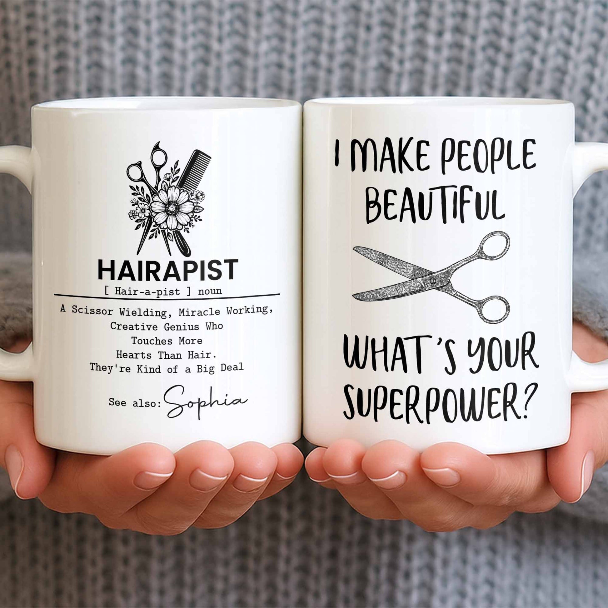 Personalized hair stylist mug featuring Hairapist definition and floral scissors design for hairdresser gifts image 8