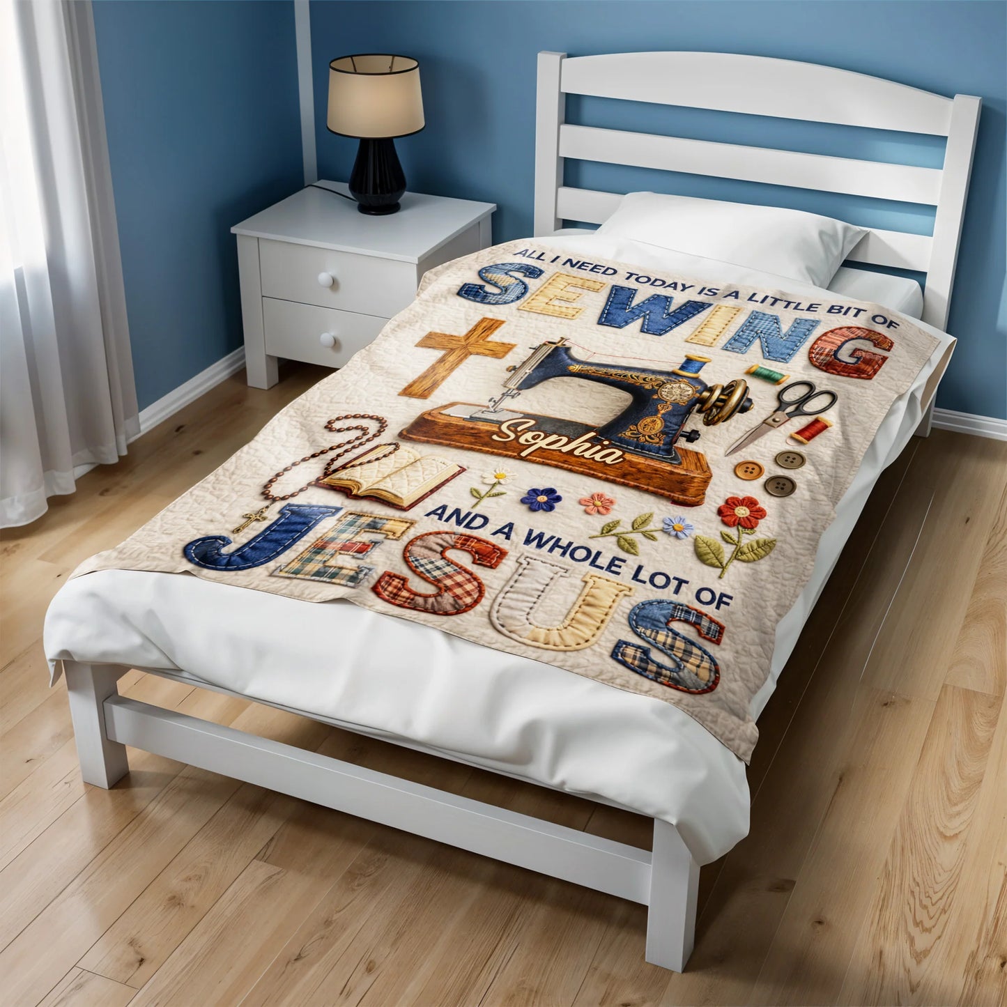 Personalized sewing and Jesus blanket featuring a vintage sewing machine, cross, and custom name for craft lovers image 7