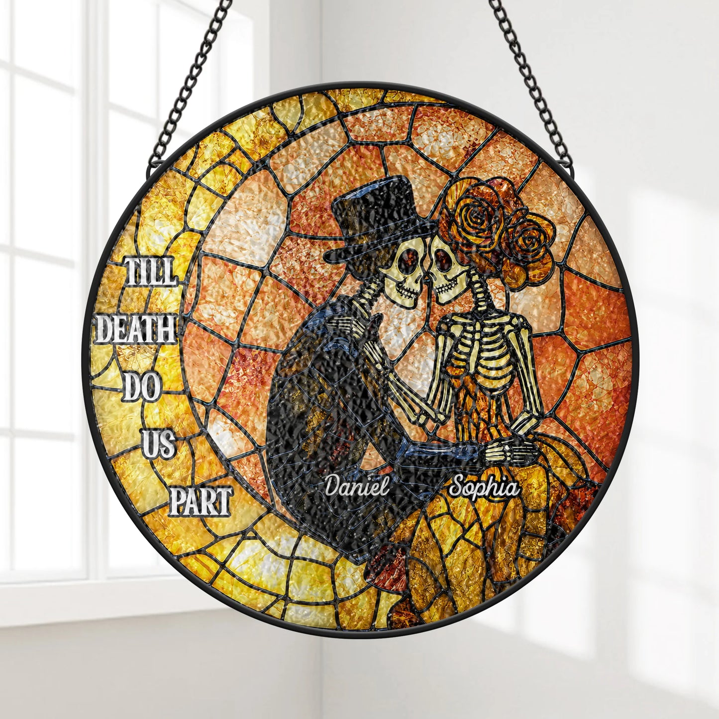 "Till Death Do Us Part" Personalized Skeleton Couple Glass Suncatcher - Custom Halloween Wedding Keepsake