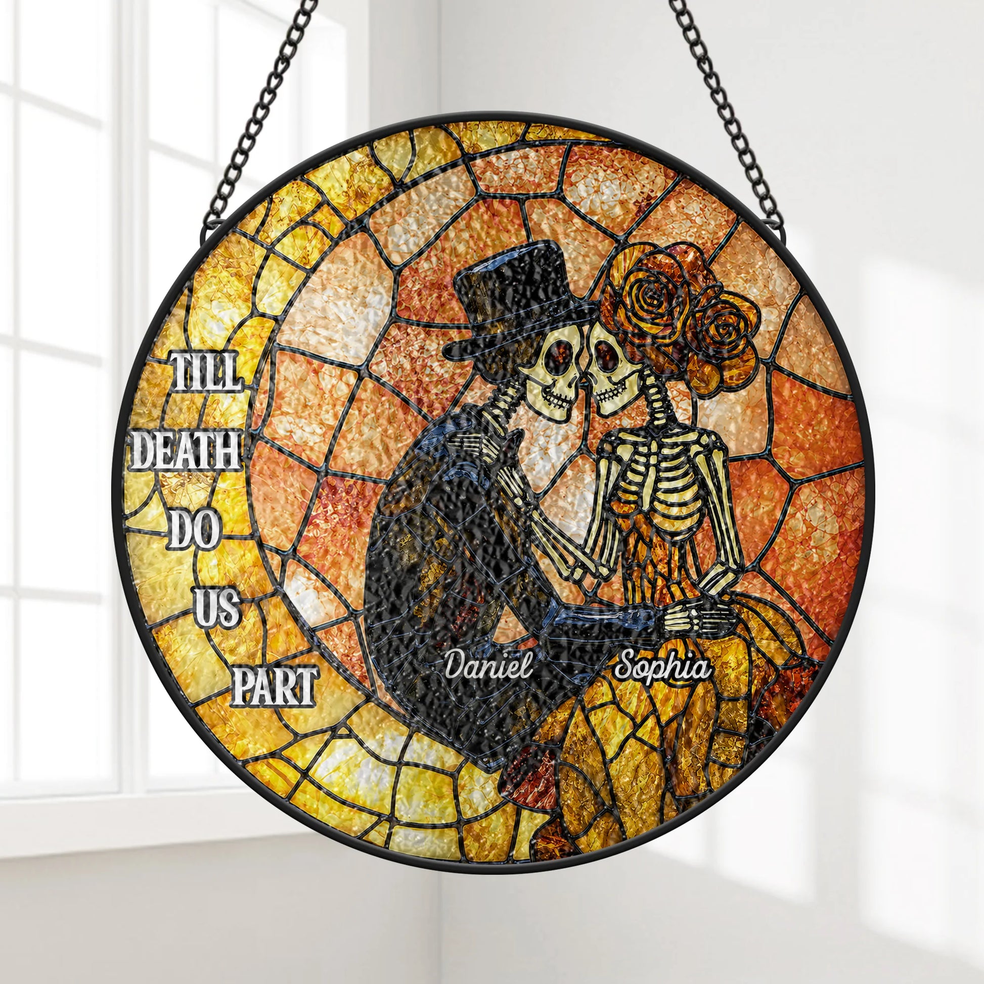 "Till Death Do Us Part" Personalized Skeleton Couple Glass Suncatcher - Custom Halloween Wedding Keepsake