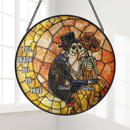 "Till Death Do Us Part" Personalized Skeleton Couple Glass Suncatcher - Custom Halloween Wedding Keepsake