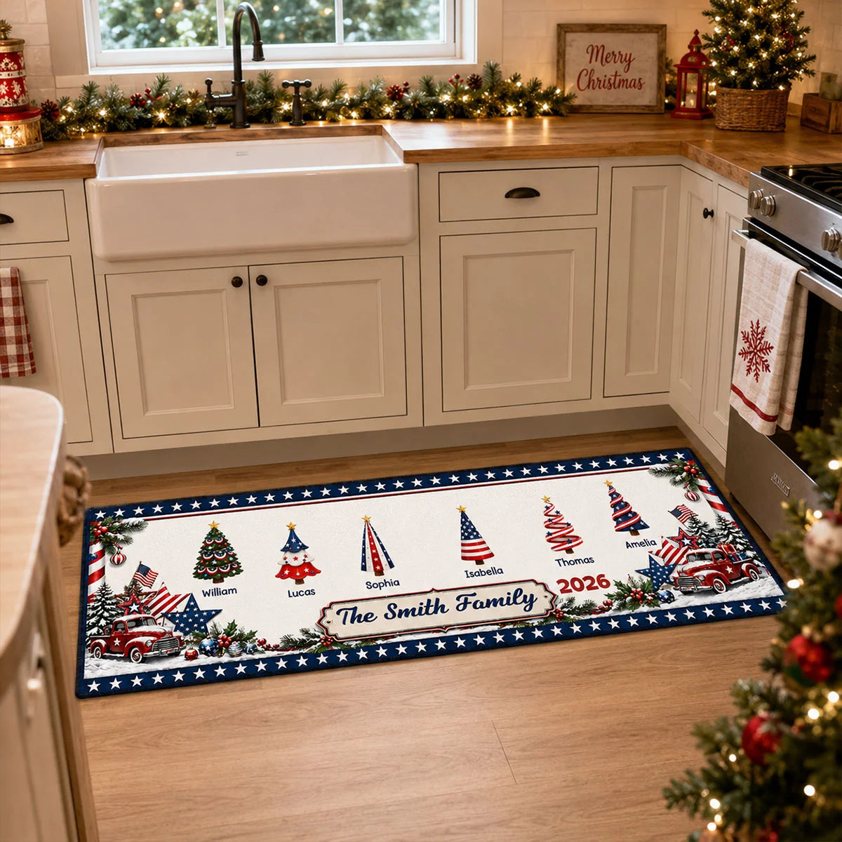 Personalized Christmas Kitchen Runner Rug - Custom Patriotic Family Name Holiday Mat