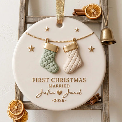 First Christmas Married Personalized Ceramic Ornament - Keepsake Gift for Newlywed Couples