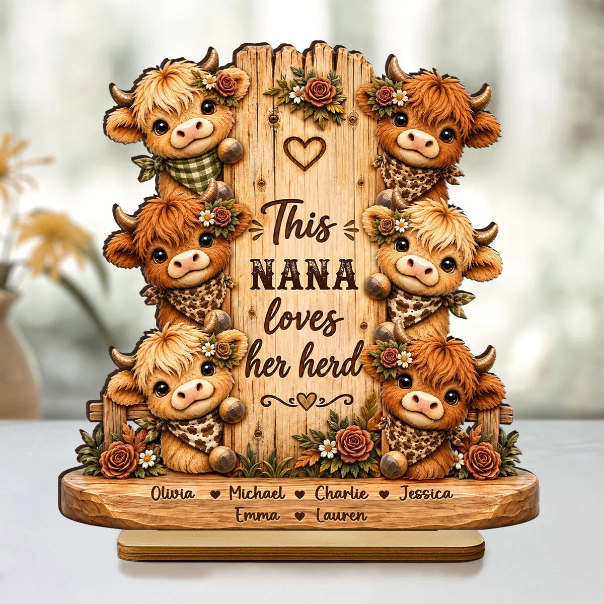 "This Grandma Loves Her Herd" Personalized Wooden Plaque - Custom Highland Cow Name Gift