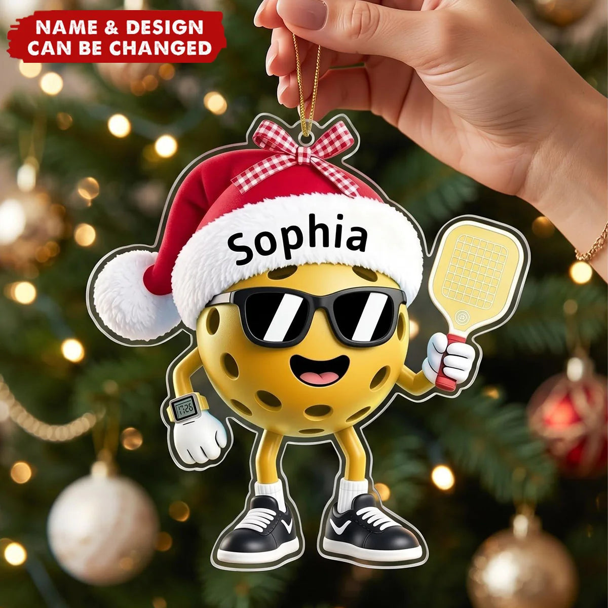 Cool Santa Ball – Personalized Acrylic Ornament for Pickleball Players, Holiday Tree Keepsake