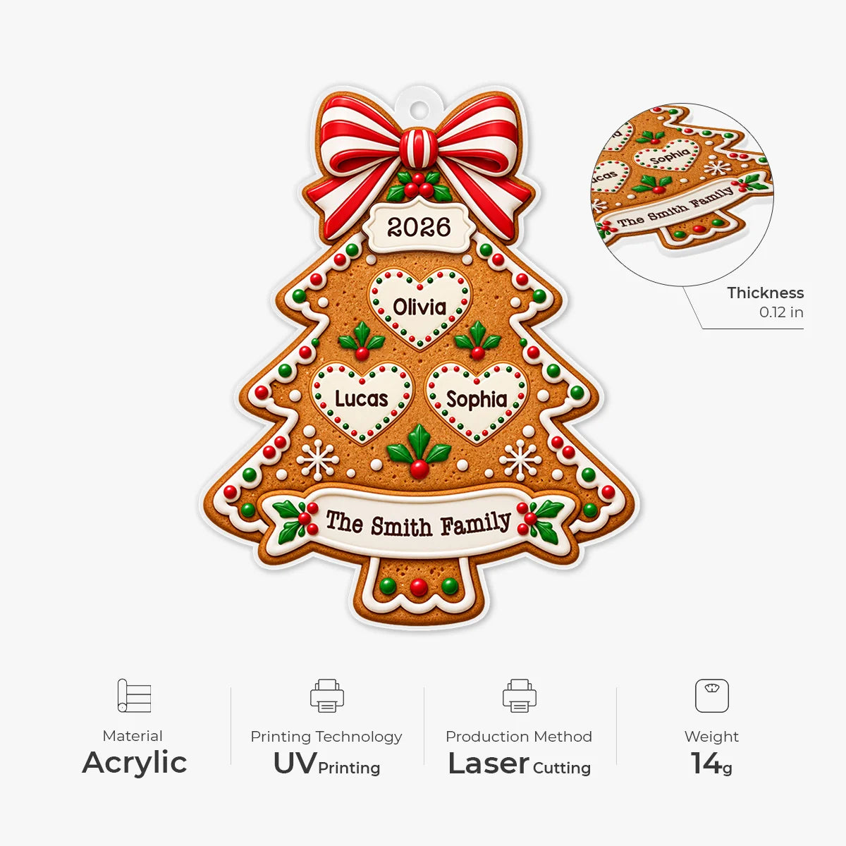 Personalized Christmas Family Acrylic Ornament - Custom Gingerbread Tree Keepsake
