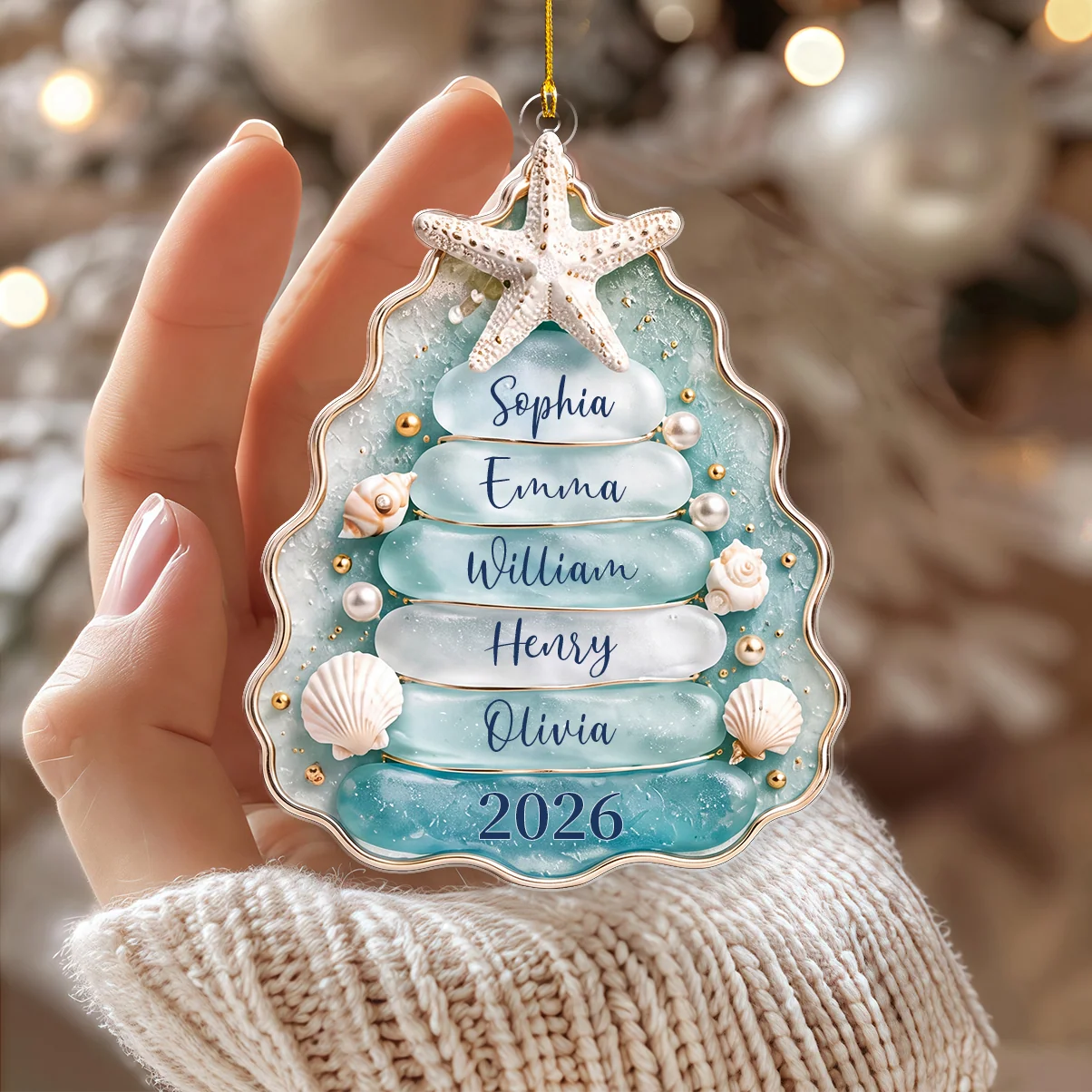 Personalized Sea Glass Family Tree Acrylic Ornament - Custom Coastal Christmas Gift for Family