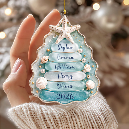 Personalized Sea Glass Family Tree Acrylic Ornament - Custom Coastal Christmas Gift for Family