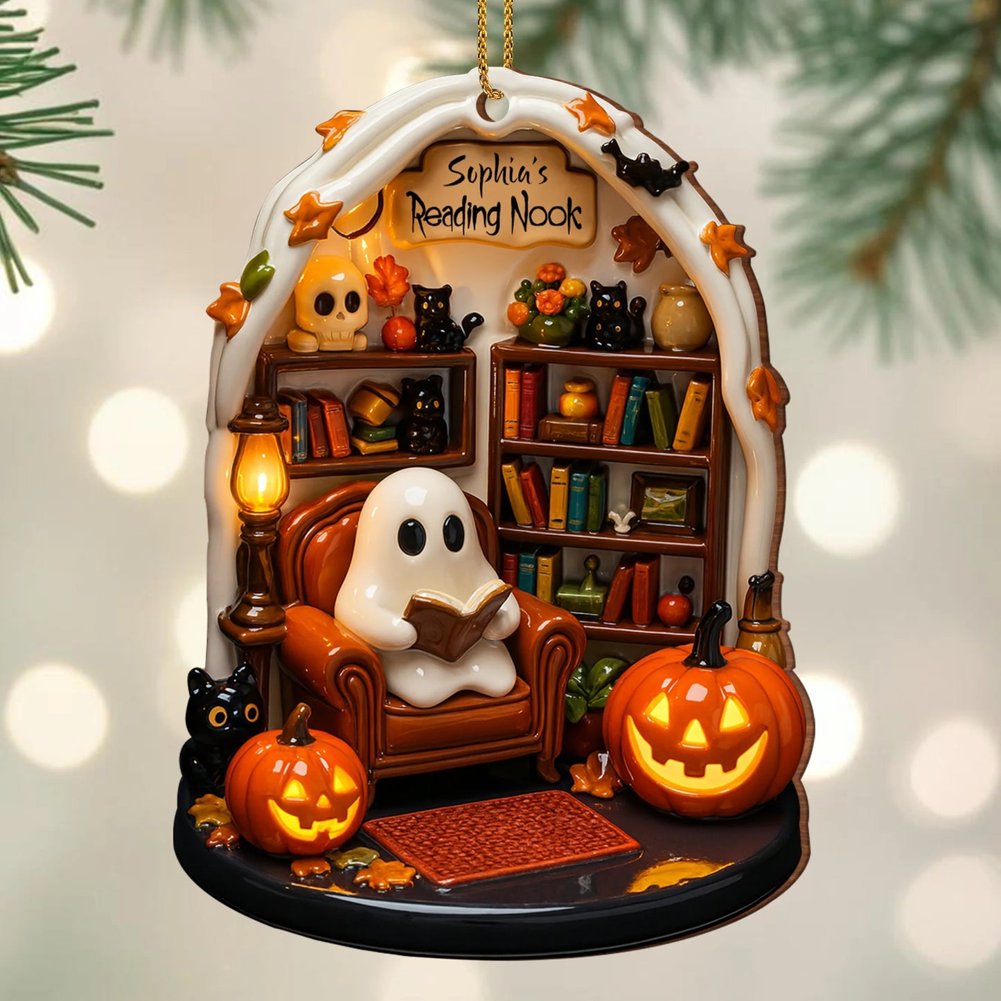 Custom Reading Nook Ghost Wood Ornament personalization view for Cat Lovers