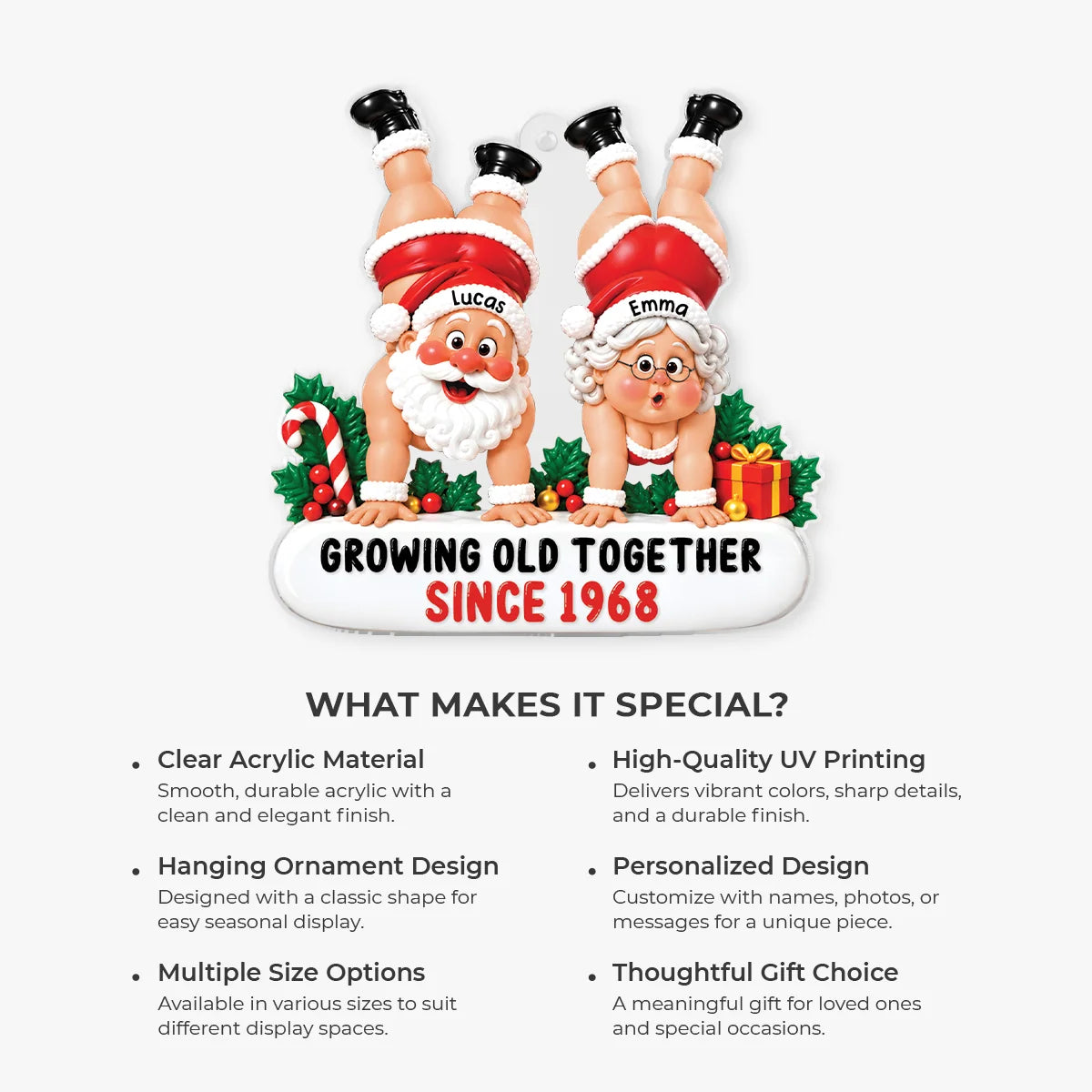 "Growing Old Together" Handstand Santa Personalized Acrylic Ornament - Christmas Gift for Couples