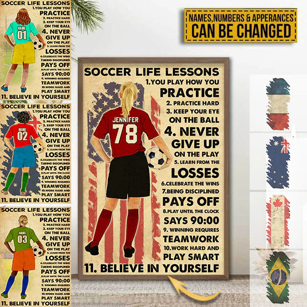 Personalized soccer poster with custom name and number featuring soccer life lessons design for players