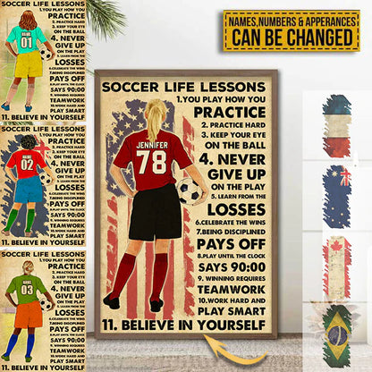 Personalized soccer poster with custom name and number featuring soccer life lessons design for players