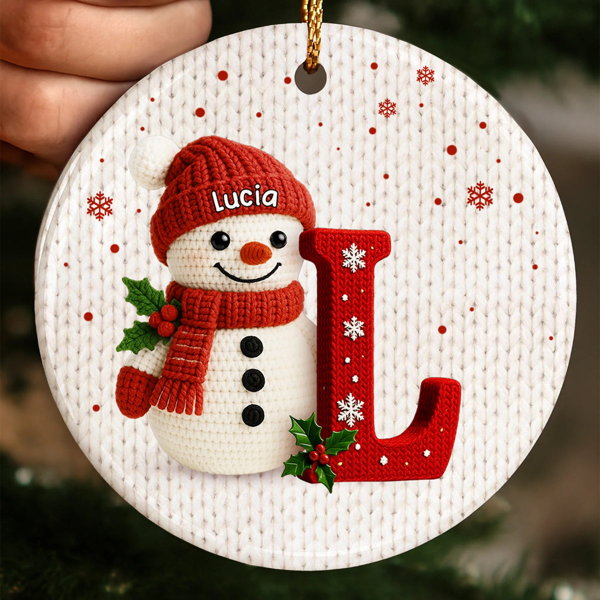 Personalized Snowman Ornament, Holly And Snowflakes
