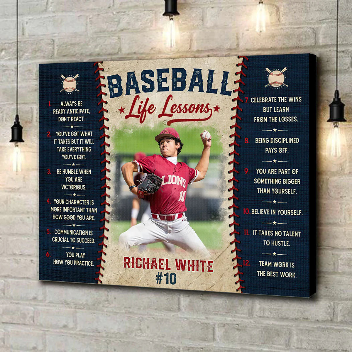 Personalized baseball life lessons canvas wall art print featuring custom player photo name and jersey number