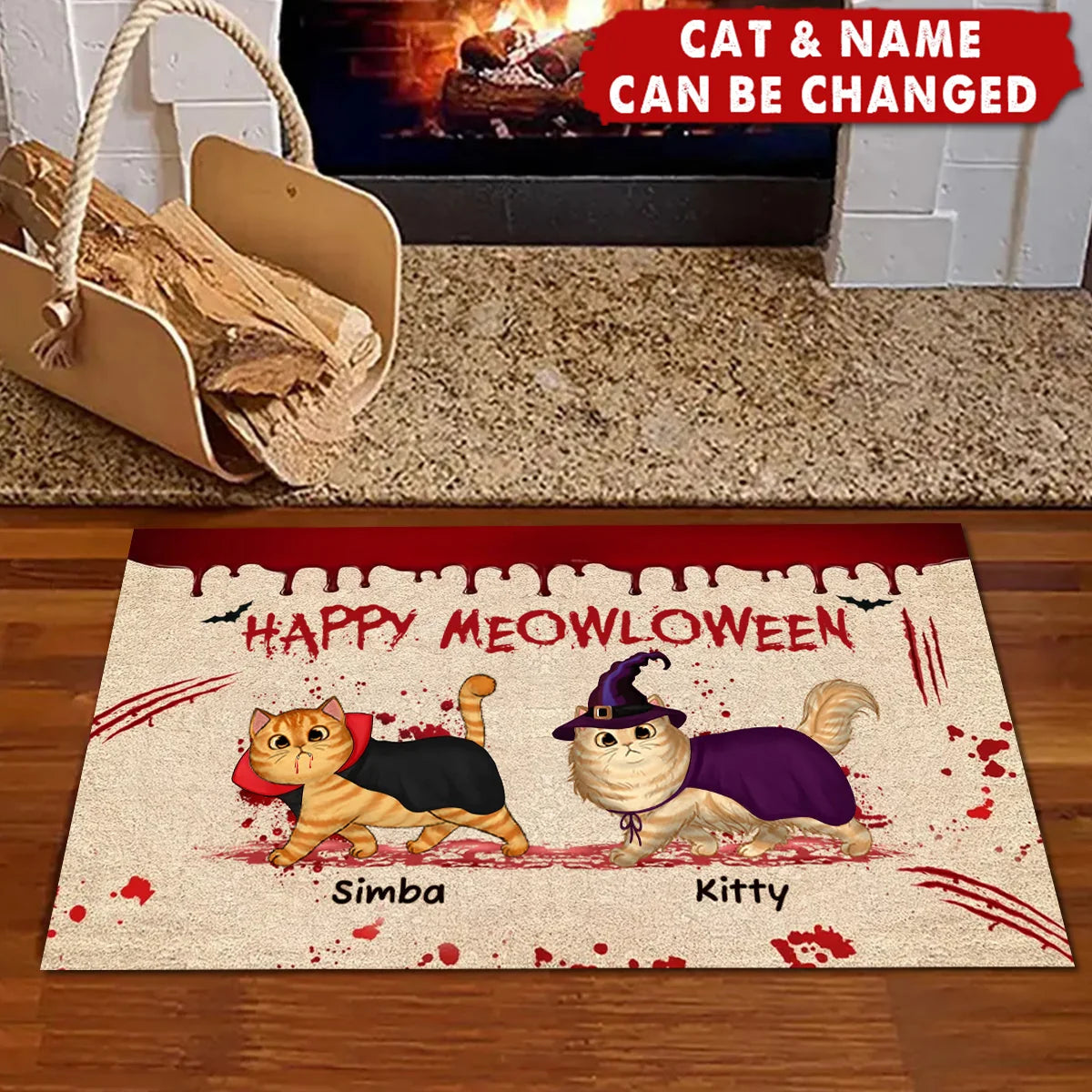 Happy Meowloween Personalized Halloween Cat Doormat - Front Porch Decor for Cat Lovers