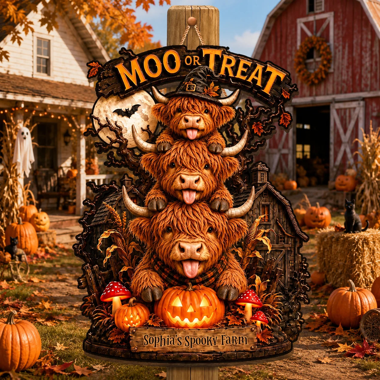 Moo Or Treat Personalized Highland Cow Wood Sign - Custom Halloween Farm Decor