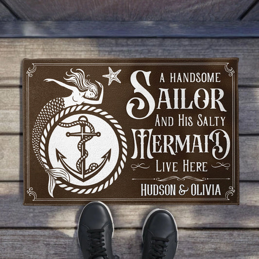 Personalized nautical doormat with sailor and mermaid design for couples beach home decor