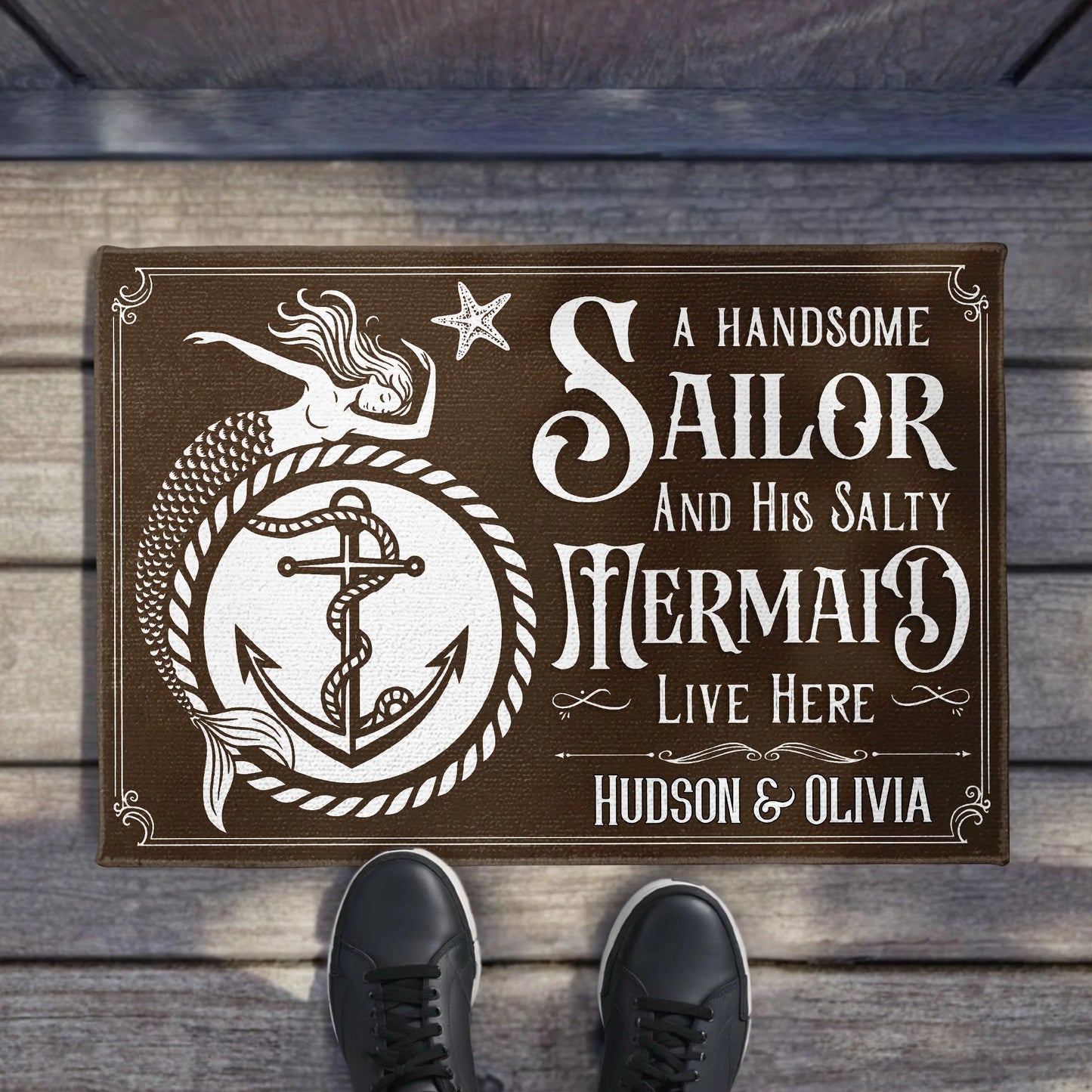Personalized nautical doormat with sailor and mermaid design for couples beach home decor