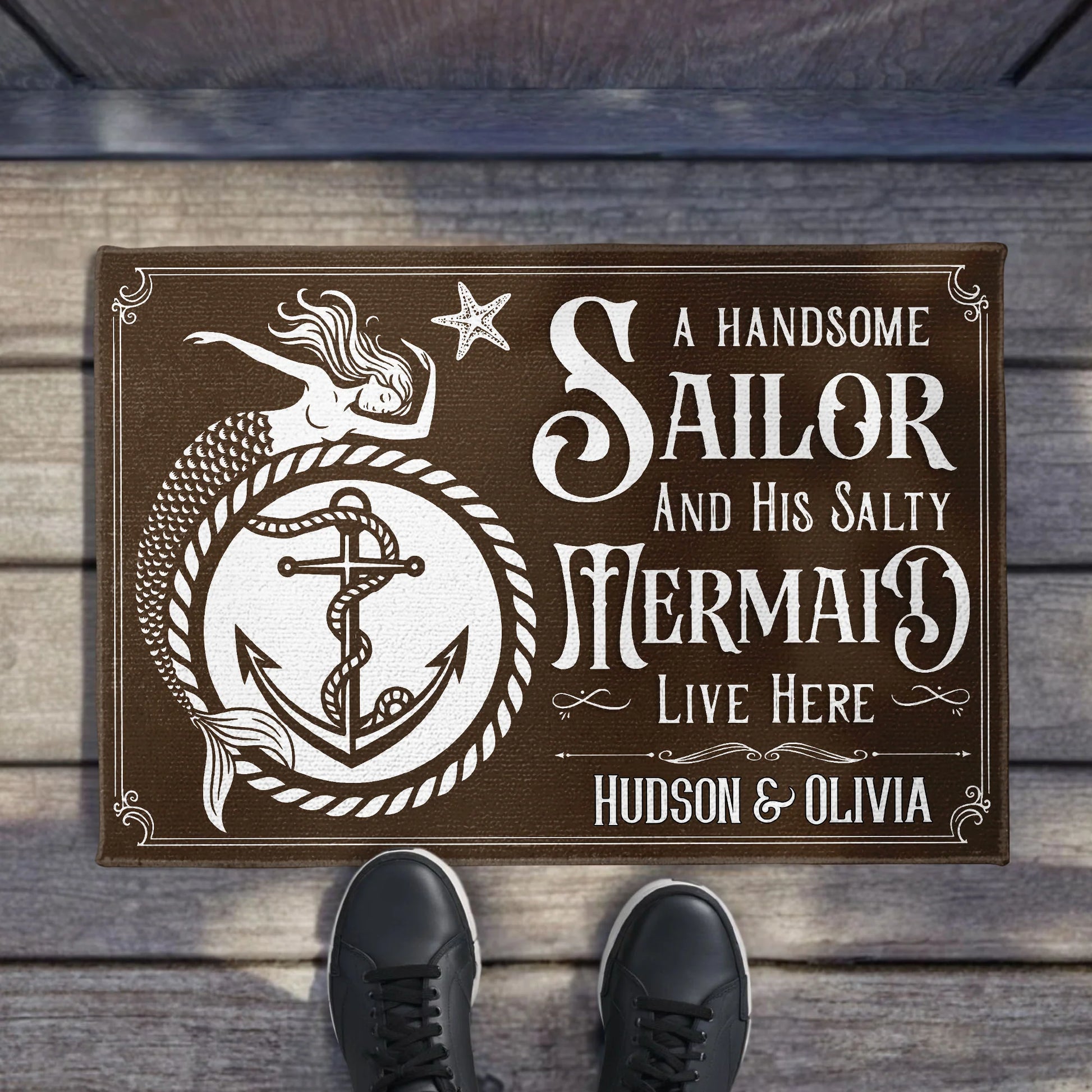 Personalized nautical doormat with sailor and mermaid design for couples beach home decor