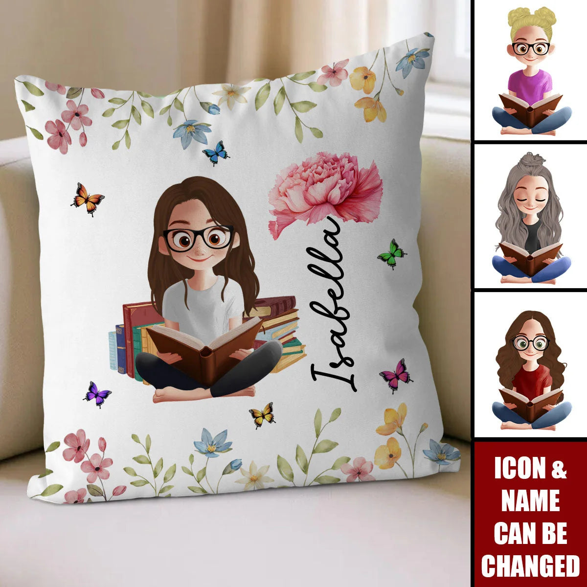 Birth Flower Book Lover Girl Personalized Pillow - Custom Reading Gift for Bookworms