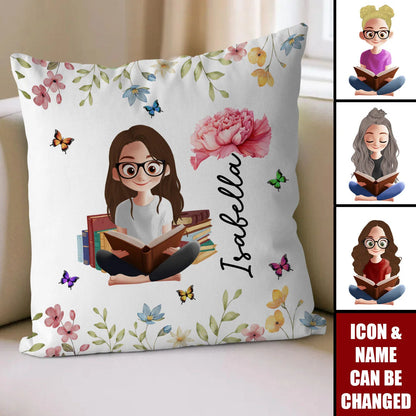 Birth Flower Book Lover Girl Personalized Pillow - Custom Reading Gift for Bookworms