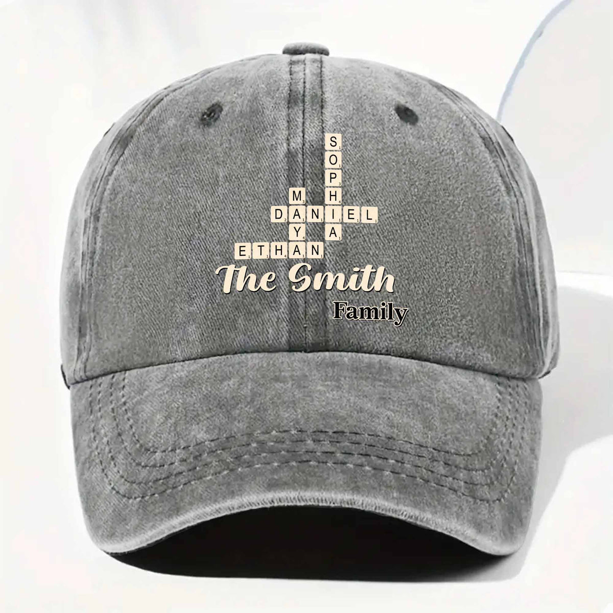 Family Crossword Names Personalized Washed Denim Cap - Reunion Keepsake for Dad & Mom