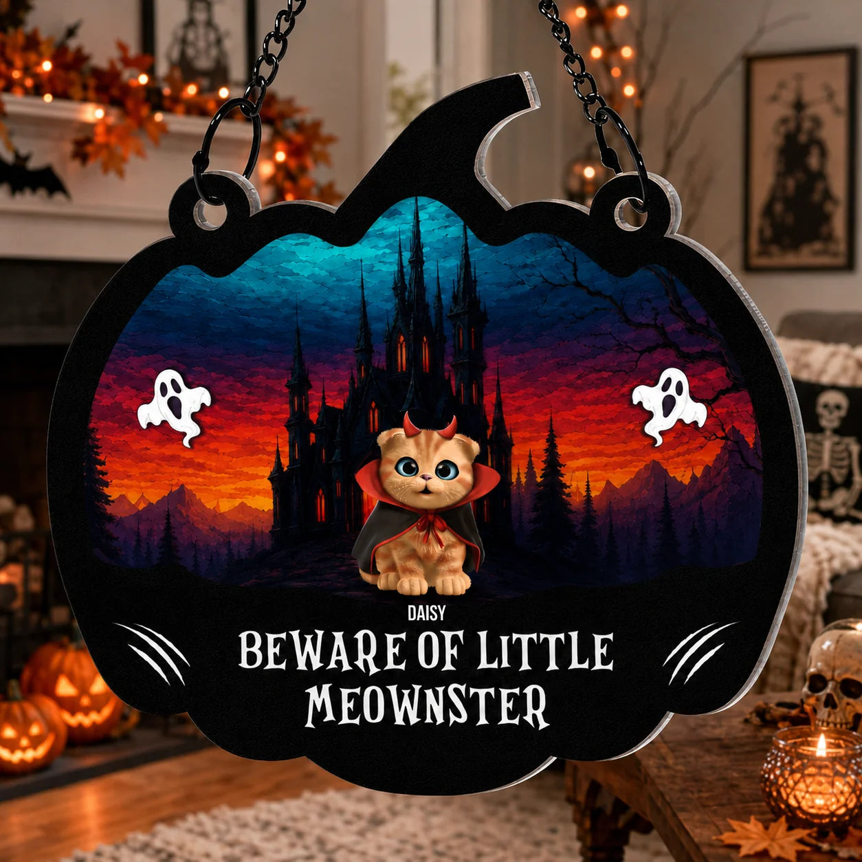 Beware Of Little Meownsters Personalized Suncatcher Ornament - Custom Cat Lovers Halloween Decor