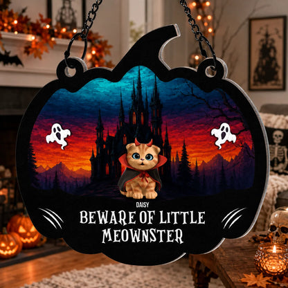 Beware Of Little Meownsters Personalized Suncatcher Ornament - Custom Cat Lovers Halloween Decor