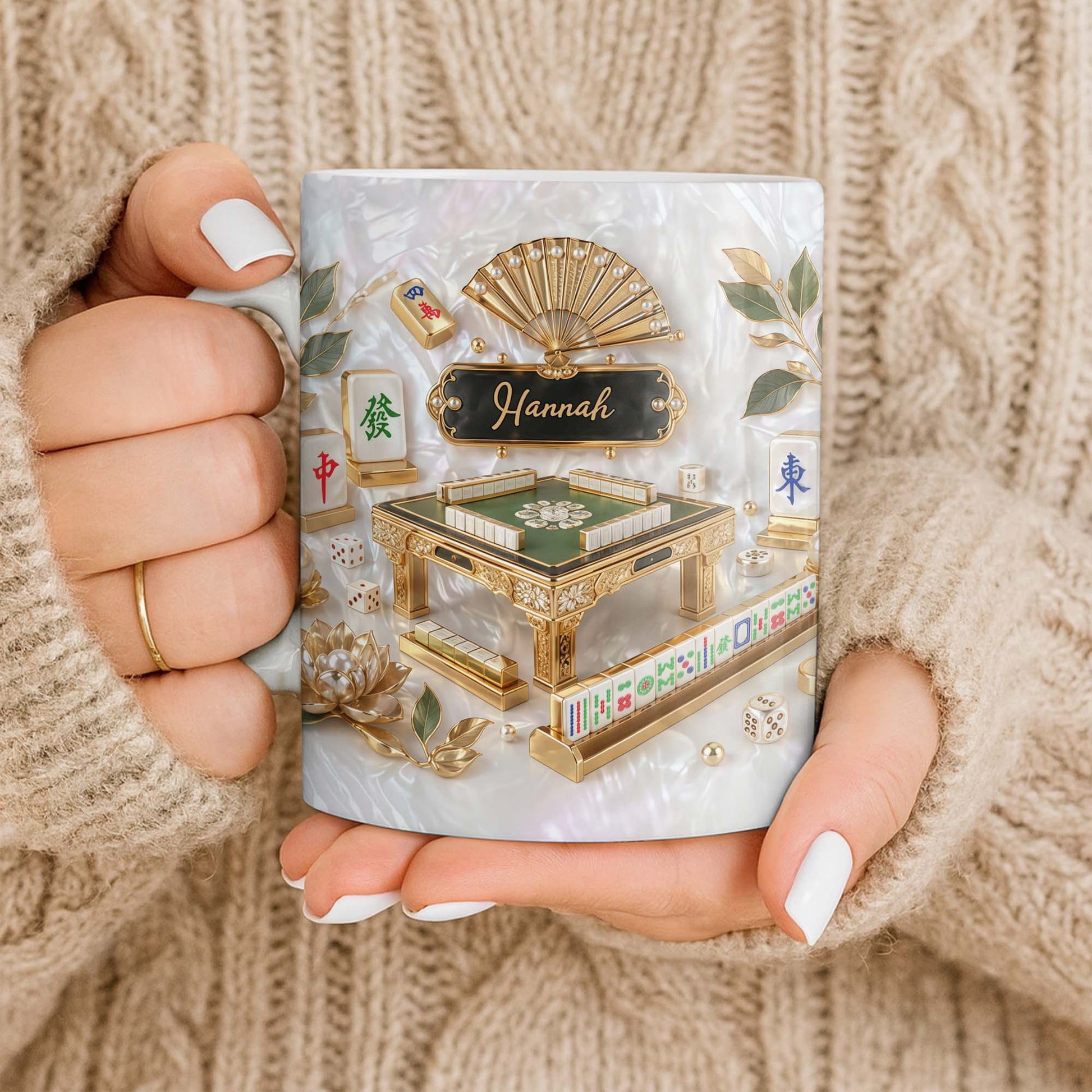 Personalized mahjong coffee mug with faux 3D mother of pearl tiles and a customizable gold name plaque. image 9