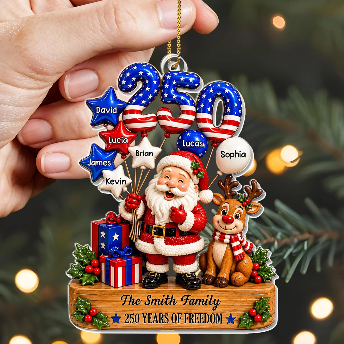 "250 Years Of Freedom" Personalized Family Acrylic Ornament - Santa Reindeer Christmas Keepsake