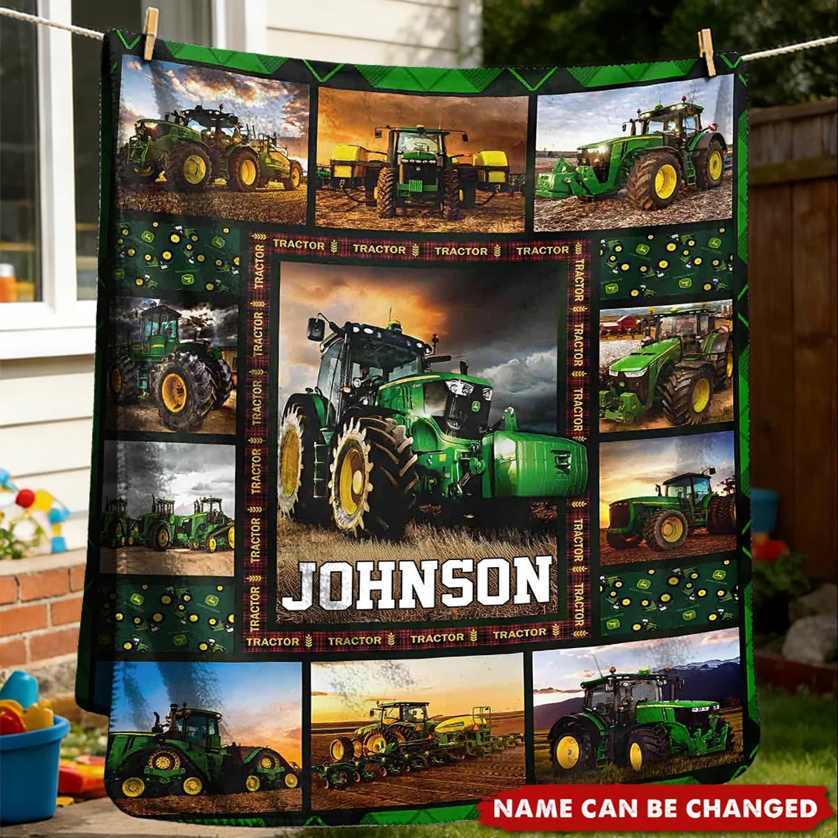 Custom Name Green Farm Tractor Blanket - Personalized Gift for Kids