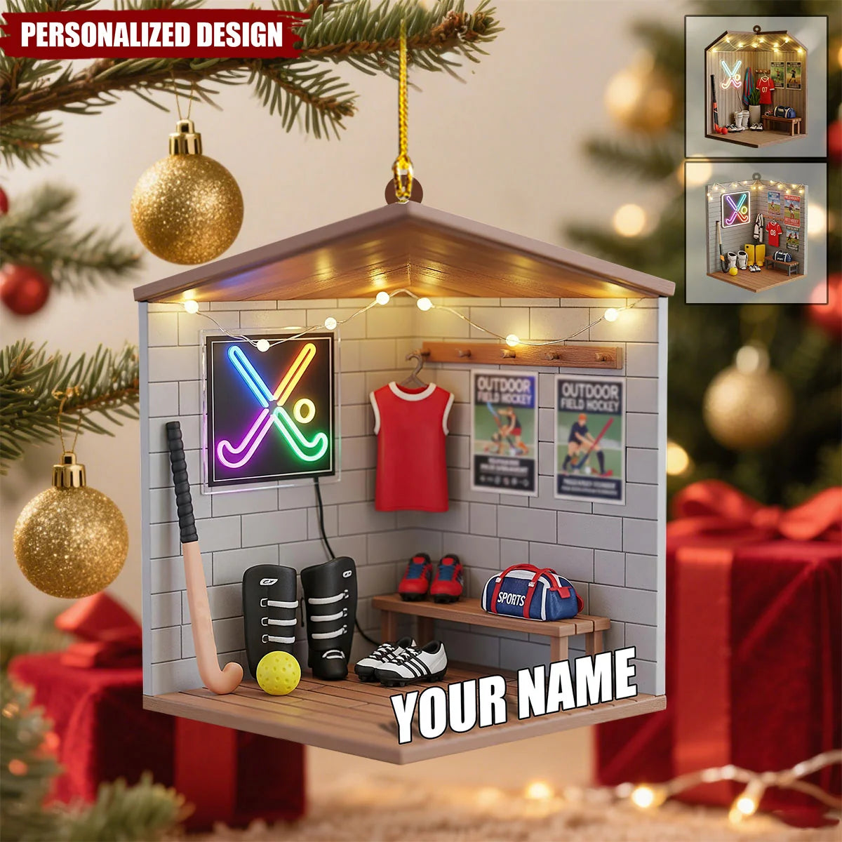 Locker Room Scene Personalized Field Hockey Christmas Ornament - Sports Keepsake Gift for Player and Teammate