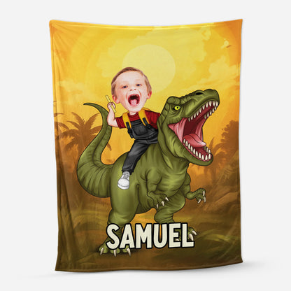 Custom Photo T-Rex Adventure Personalized Dinosaur Blanket - Cozy Birthday Throw Gift for Kids