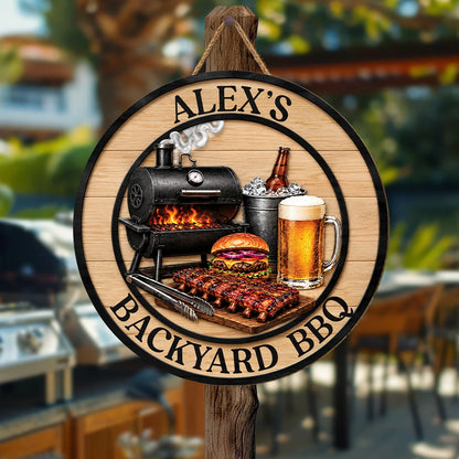 Grill and Chill Personalized BBQ Wood Sign - Custom Name Backyard Patio Bar Decor