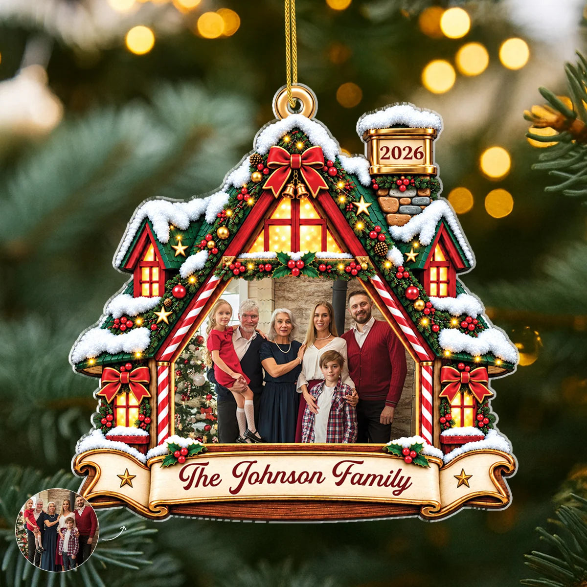 Cozy Holiday Cabin Custom Family Photo Acrylic Ornament - Christmas Keepsake for Family