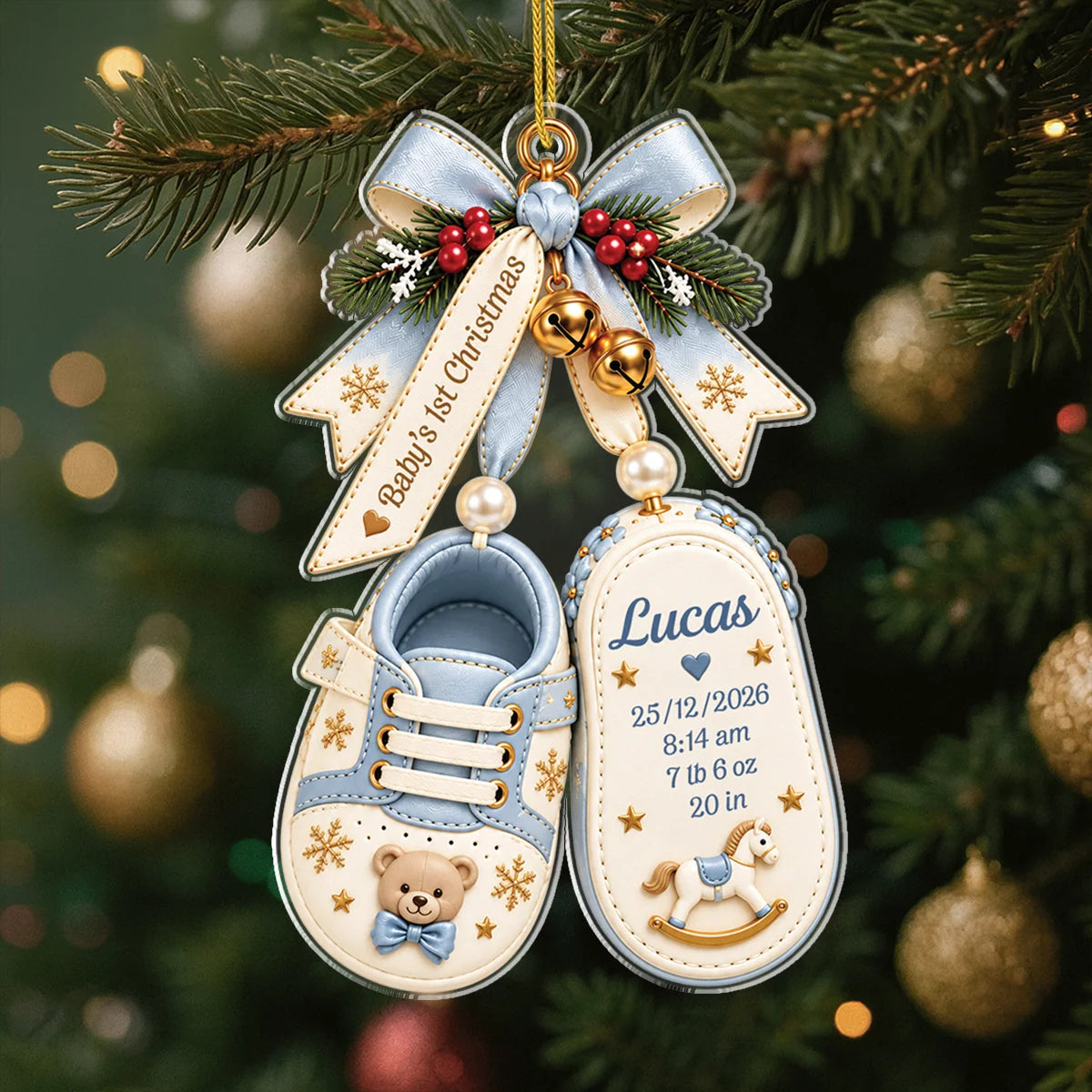 "Baby's 1st Christmas Shoes" Personalized Acrylic Ornament with Birth Stats - Keepsake for Newborn