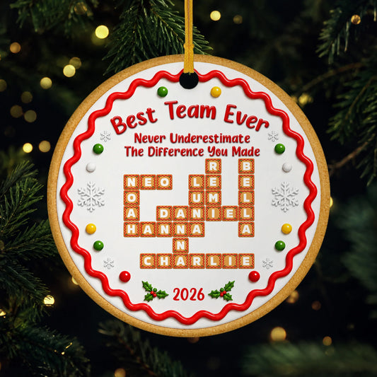 Best Team Ever Personalized Coworker Ceramic Ornament - Custom Gingerbread Crossword Keepsake