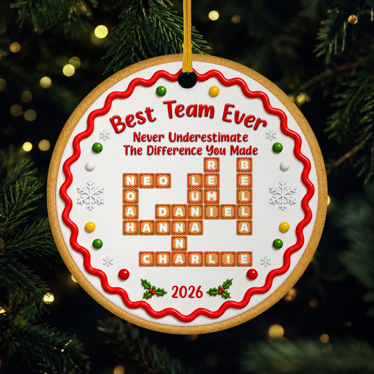 Best Team Ever Personalized Coworker Ceramic Ornament - Custom Gingerbread Crossword Keepsake
