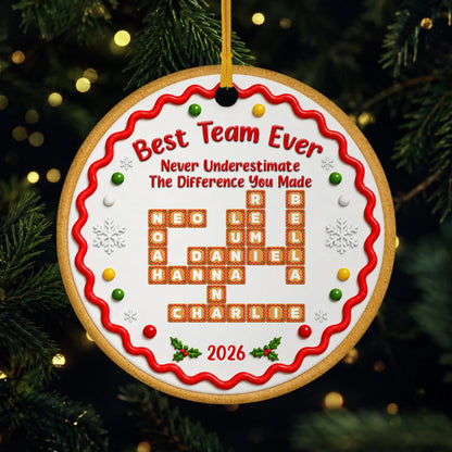 Best Team Ever Personalized Coworker Ceramic Ornament - Custom Gingerbread Crossword Keepsake